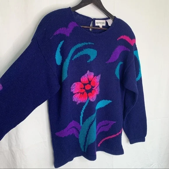 VINTAGE Lara Ferrante Floral Embroidered Purple Angora Blend Sweater - Picture 3 of 16
